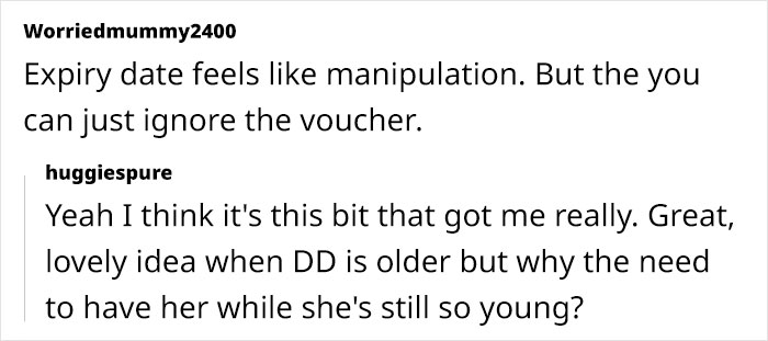 Comments about an in-laws' gift babysitting offer with an expiring deadline creating concern. Comments about an in-laws' gift babysitting offer with an expiring deadline creating concern.