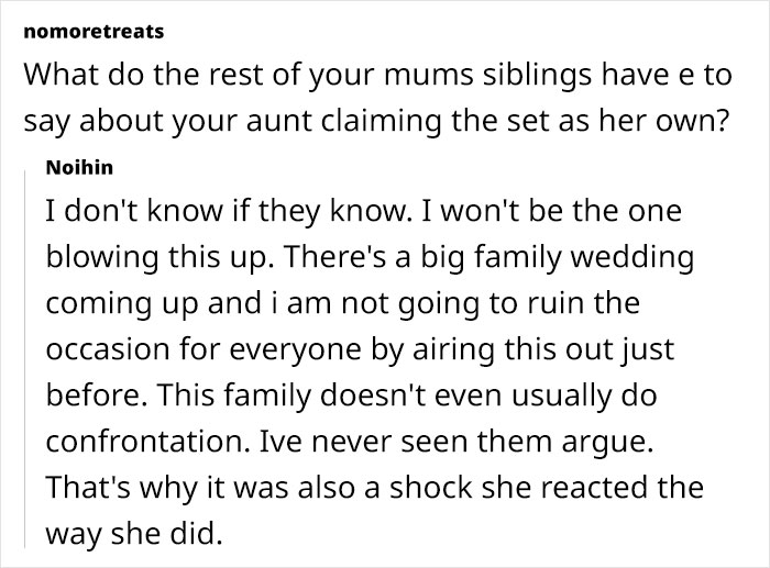 Text exchange discussing family reaction to aunt's silverware claim, highlighting the drama involved. Text exchange discussing family reaction to aunt's silverware claim, highlighting the drama involved.