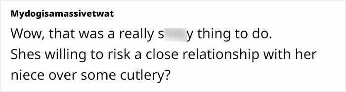 Text discussing a family's dramatic conflict over silverware, highlighting tension between an aunt and her niece. Text discussing a family's dramatic conflict over silverware, highlighting tension between an aunt and her niece.
