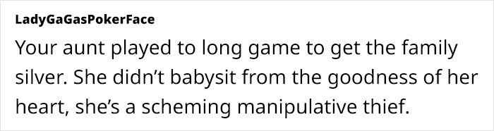 Text exchange discussing a greedy aunt's manipulation to acquire family silverware. Text exchange discussing a greedy aunt's manipulation to acquire family silverware.