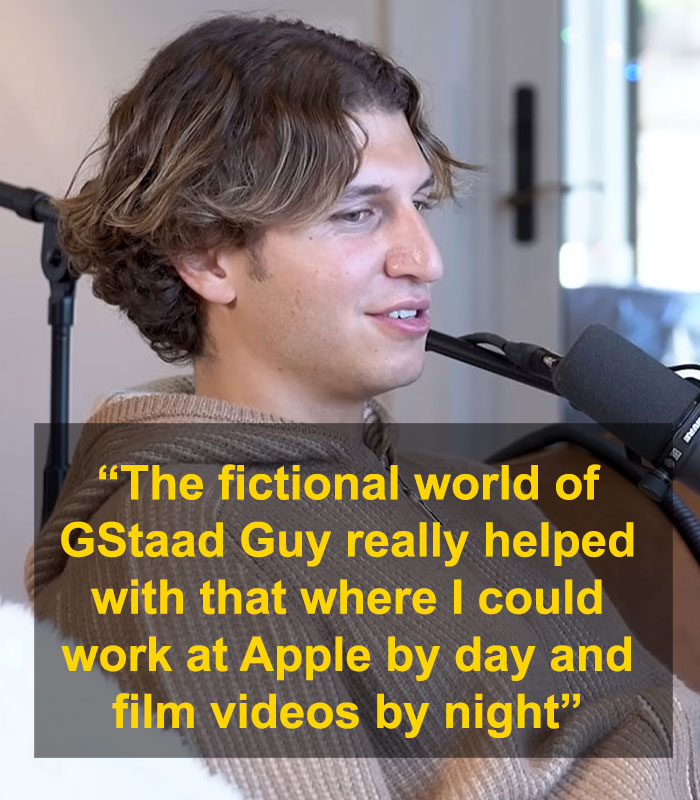 Person in a brown sweater with a microphone, discussing the creation of Gstaad Guy to parody billionaires online. Person in a brown sweater with a microphone, discussing the creation of Gstaad Guy to parody billionaires online.