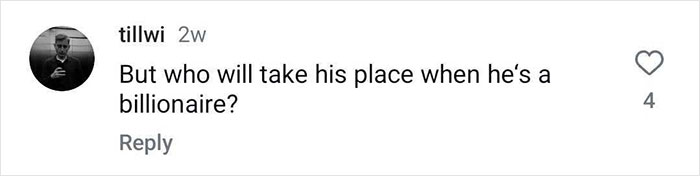Comment questioning who will replace Gstaad Guy when he's a billionaire, with heart icon and engagement stats. Comment questioning who will replace Gstaad Guy when he's a billionaire, with heart icon and engagement stats.