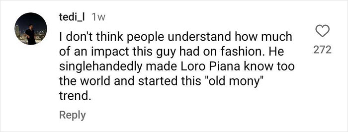 Comment on Gstaad-Guy's influence on fashion and Loro Piana, highlighting the "old money" trend. Comment on Gstaad-Guy's influence on fashion and Loro Piana, highlighting the "old money" trend.