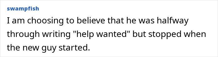 Comment discussing mysterious "help" signs, suggesting a humorous theory about incomplete writing. Comment discussing mysterious "help" signs, suggesting a humorous theory about incomplete writing.