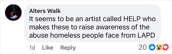 Comment discussing mysterious “Help” signs related to art for raising awareness about homelessness and LAPD issues. Comment discussing mysterious “Help” signs related to art for raising awareness about homelessness and LAPD issues.