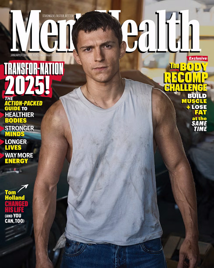 Tom Holland on Men's Health cover, wearing a white tank top and blue jeans, promoting a fitness challenge article. Tom Holland on Men's Health cover, wearing a white tank top and blue jeans, promoting a fitness challenge article.