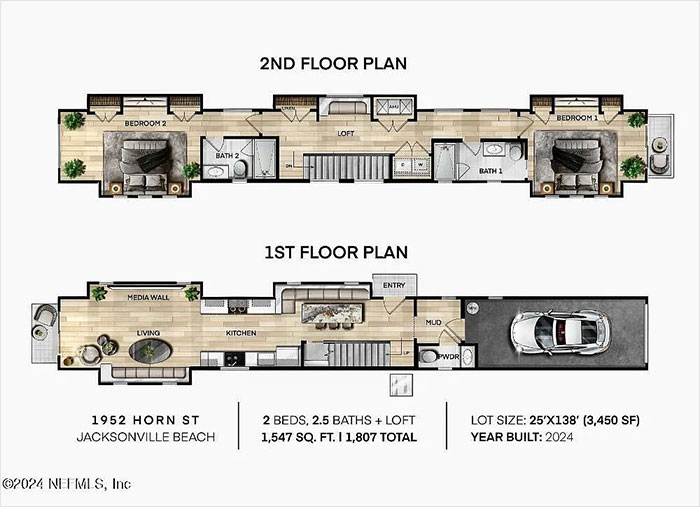 Floor plan of a small house in Florida, featuring two bedrooms, 2.5 baths, and loft space. Floor plan of a small house in Florida, featuring two bedrooms, 2.5 baths, and loft space.