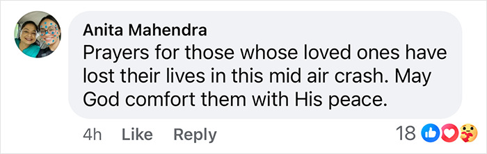 A Facebook comment expressing condolences for victims of a devastating plane crash with support reactions. A Facebook comment expressing condolences for victims of a devastating plane crash with support reactions.