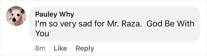 A comment expressing sadness for Mr. Raza, related to the American Airlines plane crash. A comment expressing sadness for Mr. Raza, related to the American Airlines plane crash.