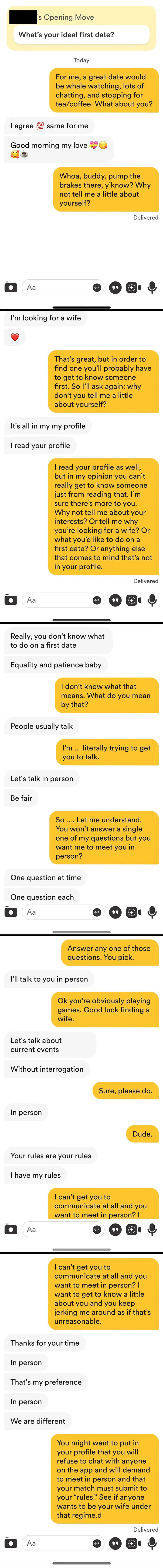 Chaotic exchange on a dating app with cheeky and blunt responses, highlighting unhinged messages in dating scenarios.