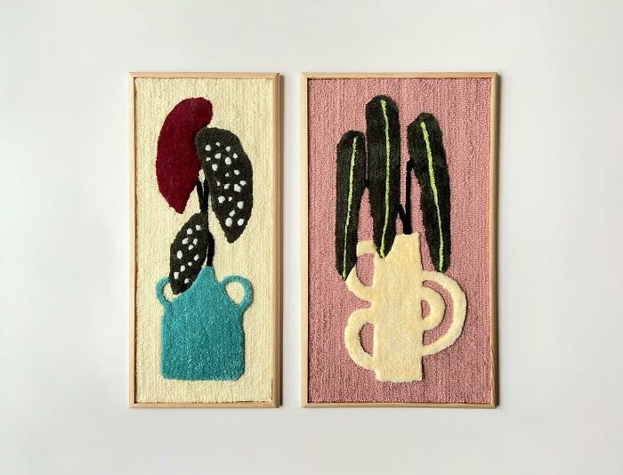 Tufted artwork by Cléa Delogu featuring abstract plant designs in colorful vases.