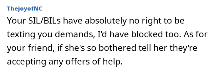 Text message discussing boundaries with in-laws and the wife's right to block demands regarding care. Text message discussing boundaries with in-laws and the wife's right to block demands regarding care.