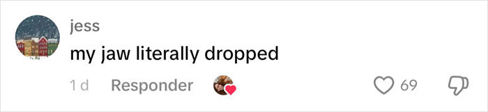 Comment reacting to a dramatic wedding dress, stating "my jaw literally dropped" with 69 likes and a heart emoji reply. Comment reacting to a dramatic wedding dress, stating "my jaw literally dropped" with 69 likes and a heart emoji reply.