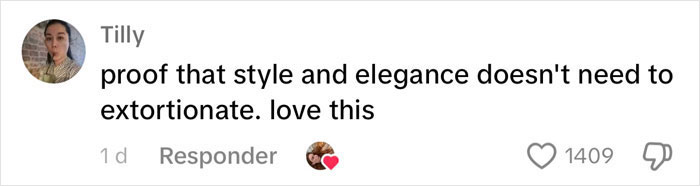 Comment applauding dramatic wedding dress, praising its style and elegance; received 1409 likes. Comment applauding dramatic wedding dress, praising its style and elegance; received 1409 likes.