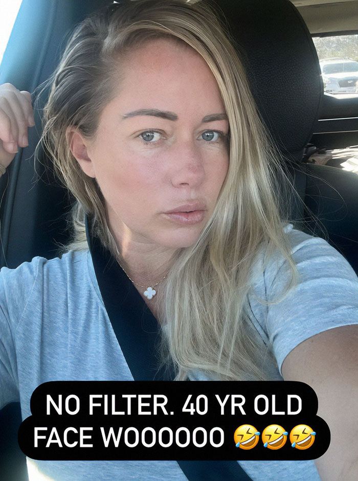 Former model in a car, wearing a gray shirt, with text overlay about age and no filter. Former model in a car, wearing a gray shirt, with text overlay about age and no filter.