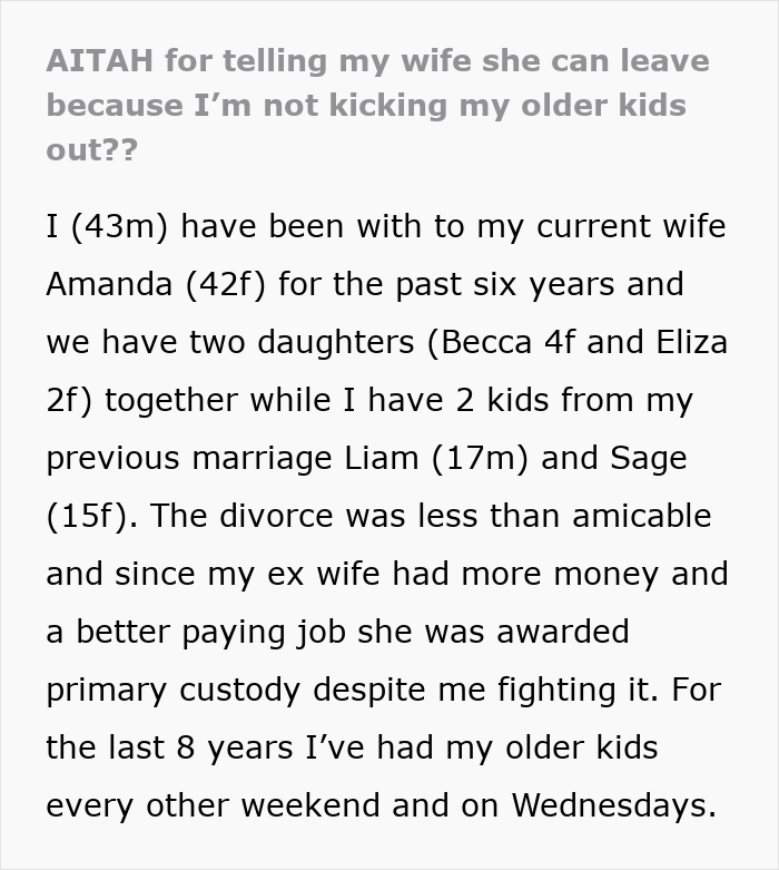 “AITAH For Telling My Wife She Can Leave Because I’m Not Kicking My Older Kids Out?” “AITAH For Telling My Wife She Can Leave Because I’m Not Kicking My Older Kids Out?”
