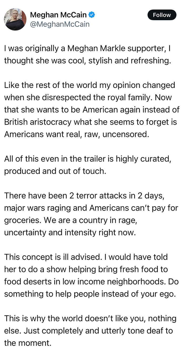 Tweet criticizing Meghan Markle’s lifestyle series as tone deaf and out of touch. Tweet criticizing Meghan Markle’s lifestyle series as tone deaf and out of touch.
