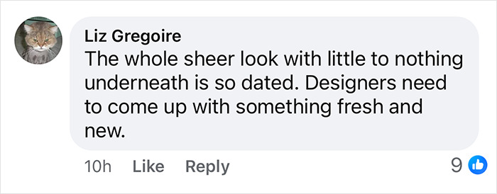 Social media comment criticizing sheer fashion trend as outdated and calling for fresh designs. Social media comment criticizing sheer fashion trend as outdated and calling for fresh designs.