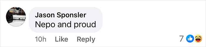 "Comment saying 'Nepo and proud' with 7 likes and laughing emoji reaction. "Comment saying 'Nepo and proud' with 7 likes and laughing emoji reaction.