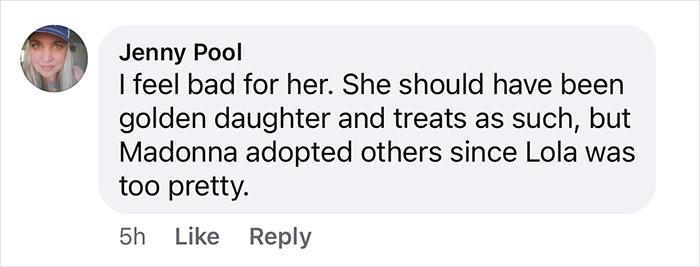 "Comment by Jenny Pool expressing sympathy for Madonna's daughter. "Comment by Jenny Pool expressing sympathy for Madonna's daughter.