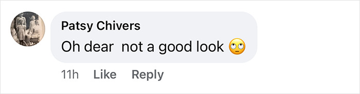 Screenshot of a comment saying, "Oh dear not a good look" with eye-roll emoji. Screenshot of a comment saying, "Oh dear not a good look" with eye-roll emoji.