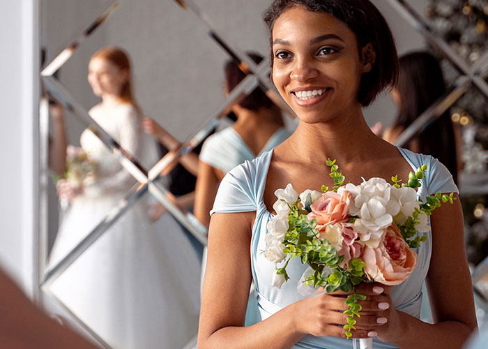 Bridesmaid holding flowers with a smiling bride in the background, related to canceled wedding cake issue. Bridesmaid holding flowers with a smiling bride in the background, related to canceled wedding cake issue.