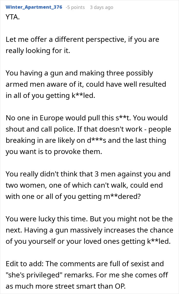 Reddit comment discussing the risks and consequences of defending against intruders with a gun. Reddit comment discussing the risks and consequences of defending against intruders with a gun.
