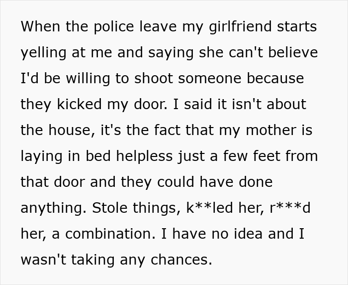 Text describing a man's defense of his decision to confront intruders with a gun for his family's safety. Text describing a man's defense of his decision to confront intruders with a gun for his family's safety.