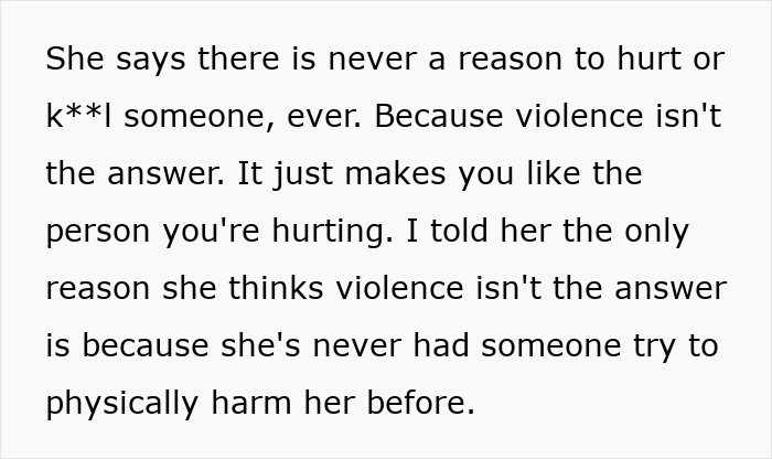 Text image discussing a debate on violence and self-defense decisions. Text image discussing a debate on violence and self-defense decisions.