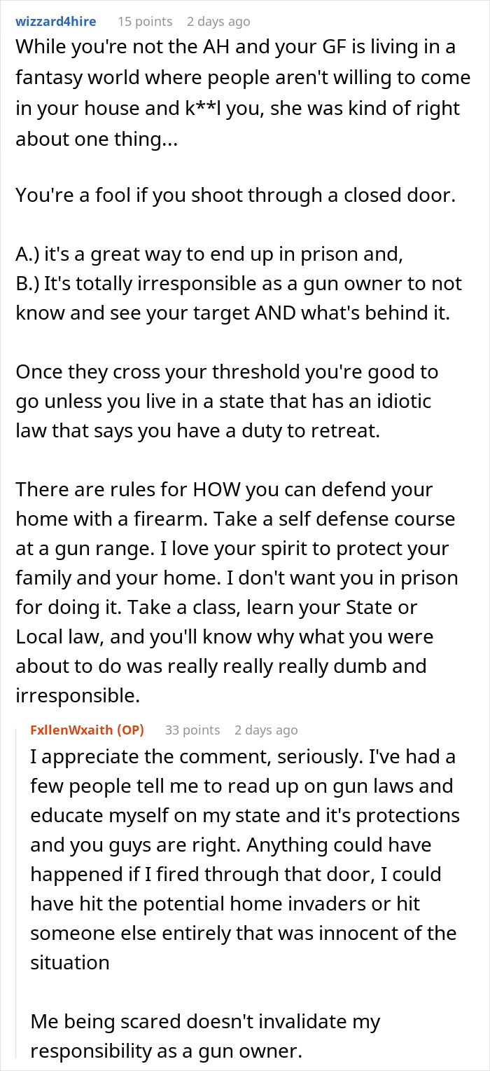 Reddit comments discussing defending a home and gun owner responsibilities. Reddit comments discussing defending a home and gun owner responsibilities.