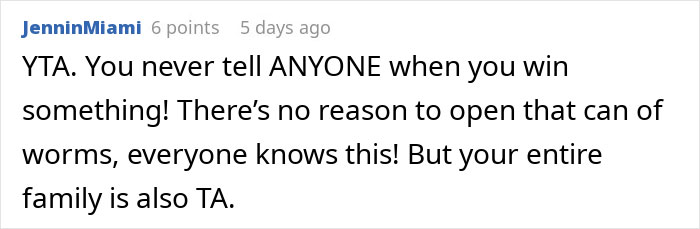 Comment expressing views on sharing lottery winnings from a White Elephant gift. Comment expressing views on sharing lottery winnings from a White Elephant gift.