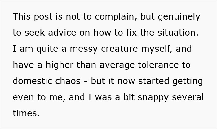 Text excerpt discussing domestic labor expectations and seeking advice on handling household chaos. Text excerpt discussing domestic labor expectations and seeking advice on handling household chaos.