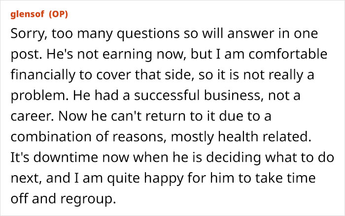 Text detailing a partner covering finances while the other regroups, related to domestic labor expectations. Text detailing a partner covering finances while the other regroups, related to domestic labor expectations.