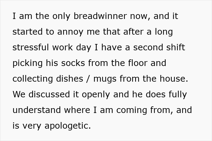 Text image discussing unequal domestic labor; one partner feels annoyed and burdened after work. Text image discussing unequal domestic labor; one partner feels annoyed and burdened after work.