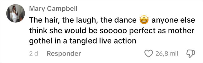 Comment suggesting someone for Mother Gothel in a live-action film, referencing hair and laugh; relates to reverse nepotism. Comment suggesting someone for Mother Gothel in a live-action film, referencing hair and laugh; relates to reverse nepotism.