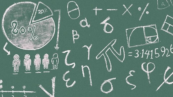 Math quiz concepts on a green chalkboard, featuring symbols, equations, and pie chart. Math quiz concepts on a green chalkboard, featuring symbols, equations, and pie chart.