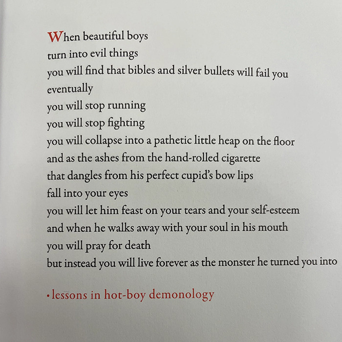 Megan Fox's concerning poetry titled "lessons in hot-boy demonology" on a page. Megan Fox's concerning poetry titled "lessons in hot-boy demonology" on a page.