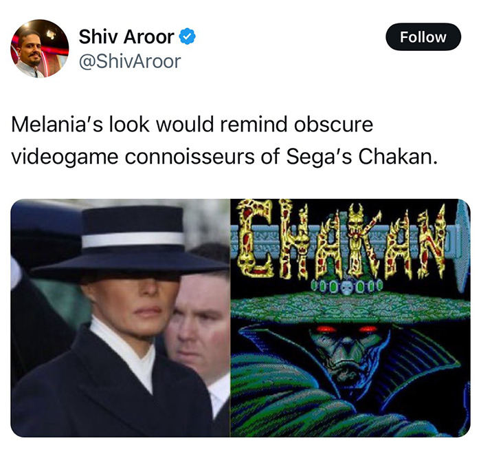 Melania Trump's outfit compared to Sega's Chakan, drawing humorous reactions online. Melania Trump's outfit compared to Sega's Chakan, drawing humorous reactions online.