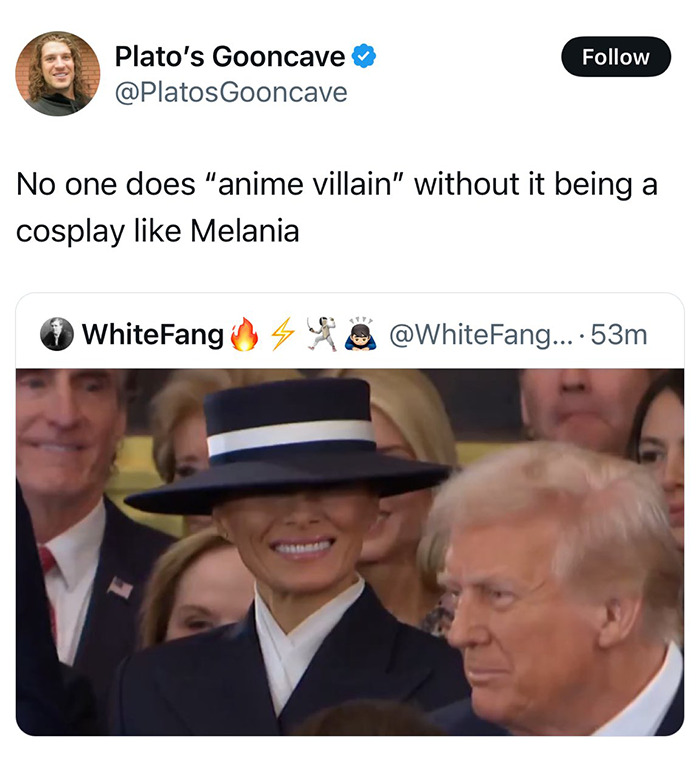 Melania Trump in a navy outfit at the inauguration, sparking humorous social media reactions. Melania Trump in a navy outfit at the inauguration, sparking humorous social media reactions.