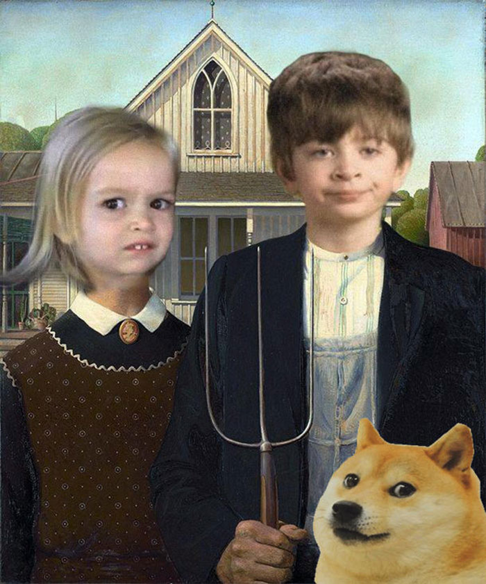 Side-Eyeing Chloe and other meme faces in an 'American Gothic' parody artwork. Side-Eyeing Chloe and other meme faces in an 'American Gothic' parody artwork.