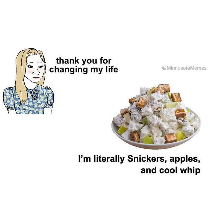 A meme humorously depicting a woman appreciating a Snickers salad, capturing the essence of state-specific humor.