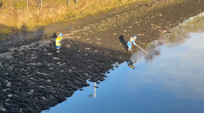 Rescue workers search the riverbank for missing sisters, using tools to examine the water and shore. Rescue workers search the riverbank for missing sisters, using tools to examine the water and shore.