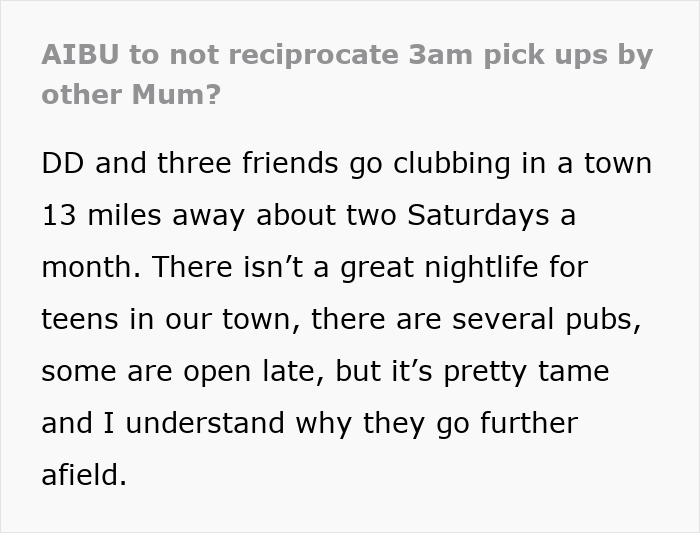 Text discussing a mom's dilemma about not picking up teens at 3AM after clubbing. Text discussing a mom's dilemma about not picking up teens at 3AM after clubbing.