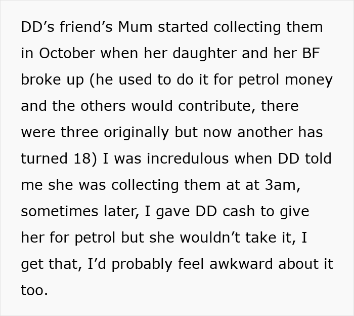 Text about mom refusing to pick up teens at 3 AM after clubbing, discussing petrol money issue. Text about mom refusing to pick up teens at 3 AM after clubbing, discussing petrol money issue.
