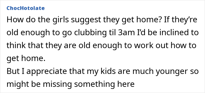 Text exchange about teens clubbing until 3AM and getting home independently. Text exchange about teens clubbing until 3AM and getting home independently.