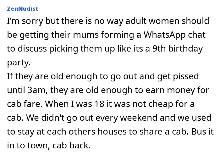 Text discussing refusal to pick up teens after clubbing at 3AM, suggesting they manage their own transport like adults. Text discussing refusal to pick up teens after clubbing at 3AM, suggesting they manage their own transport like adults.