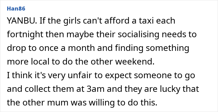 Text discussing a mom's refusal to pick up teens at 3AM after clubbing. Text discussing a mom's refusal to pick up teens at 3AM after clubbing.