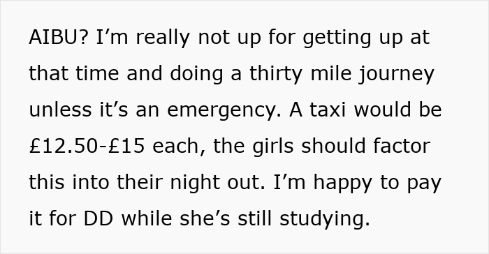 Text conversation about the mom refusing to pick up teens at 3AM after clubbing, mentioning taxi costs. Text conversation about the mom refusing to pick up teens at 3AM after clubbing, mentioning taxi costs.