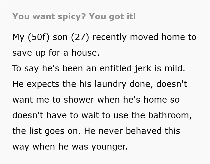Text about mom's reaction to son's entitled behavior with a spicy twist. Text about mom's reaction to son's entitled behavior with a spicy twist.