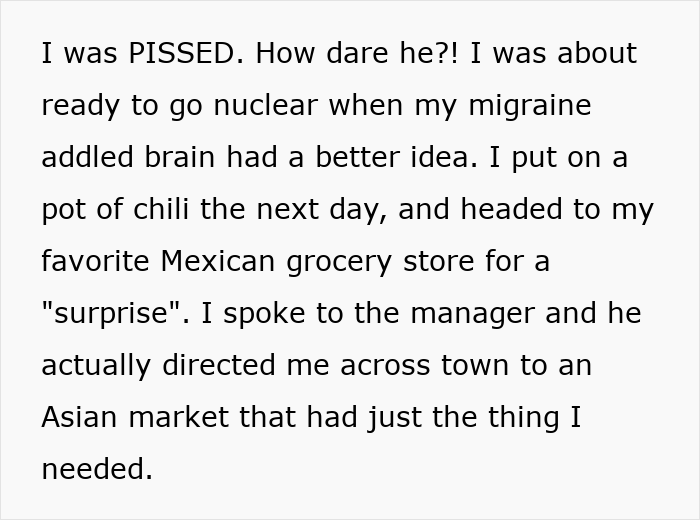 Text about mom cooking spicy food after dealing with son's entitled behavior. Text about mom cooking spicy food after dealing with son's entitled behavior.